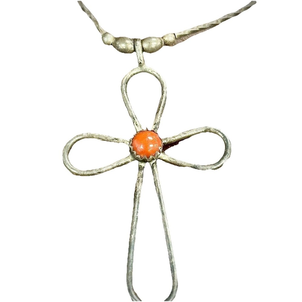 Vintage Handmade Silver Coral Cabochon Cross Necklace Folk Artisan Pendant